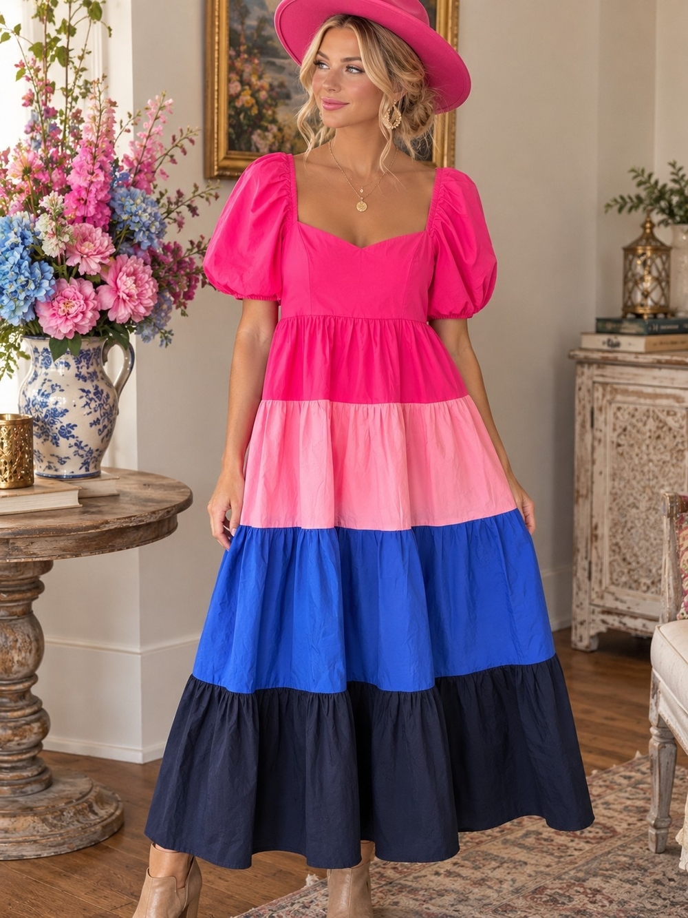 eesome Pink and Blue Colorblock Puff Sleeve Maxi Dress